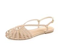 PIZZ ANNU Women's Sophia Braided Flat Sandals Comfortable Memory Foam Walking Shoes Summer Gladiator Slingback Ankle Strap Strappy Sandals, Nude, 9.5