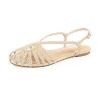 PIZZ ANNU Women's Sophia Braided Flat Sandals Comfortable Memory Foam Walking Shoes Summer Gladiator Slingback Ankle Strap Strappy Sandals, Apricot, 7.5