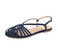 PIZZ ANNU Women's Sophia Braided Flat Sandals Comfortable Memory Foam Walking Shoes Summer Gladiator Slingback Ankle Strap Strappy Sandals, Navy, 11