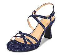 PIZZ ANNU Women's Stellora Platform High Heels Block Chunky Strappy Sparkly Rhinestone Open Toe Ankle Strap Dress Pump Sandals Shoes for Party Wedding, Navy, 7