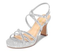 PIZZ ANNU Women's Stellora Platform High Heels Block Chunky Strappy Sparkly Rhinestone Open Toe Ankle Strap Dress Pump Sandals Shoes for Party Wedding, Silver, 7