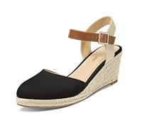 PIZZ ANNU Womens Wedge Sandals Canvas Ladies Espadrilles Summer Elegant Buckle Mid Heel Platform Closed Toe Shoes Black Size 6.5/7
