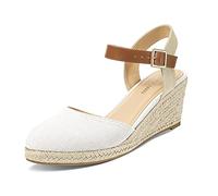PIZZ ANNU Womens Wedge Sandals Canvas Ladies Espadrilles Summer Elegant Buckle Mid Heel Platform Closed Toe Shoes White Size 8