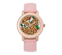 Pizza and Italian Flag Women's Wrist Watch Easy Reader with Leather Strap Analog Display Wonderful Ladies Gifts