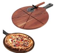 Pizza Board Cutting Serving Wooden Paddle Round Pizza Cutter Wheel