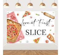 Pizza Bridal Shower Party Decors Love At First Slice Backdrop Banner 4.92*3.28ft for Women Girls Pizza Slice Bachelorette Party Decor Italian Food Fast Food Cooking Engagement Wedding Party Supplies