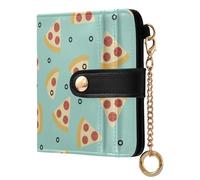 Pizza Dots Teal Pattern Small Women Wallet RFID Blocking PU Leather Bifold Compact Card Holder with Coin Pocket Zipper Purse for Women Girls Ladies
