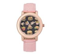 Pizza French Fries Hamburgers Women's Watch Pink Rose Gold Strap Wristwatch Minimalist Easy Reader Watchec