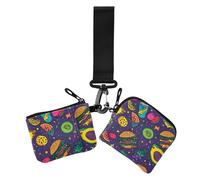Pizza Fruit Burger Colorful Cartoon Women's Dual Wallets Business Card Cases Small Portable Zipper Coin Purse Wallet with Keychain for Ladies 2 Pcs monedero Porta tarjetas para Mujer