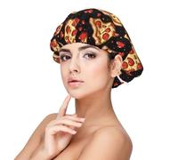Pizza Love Heart Pattern Print Satin Silk Bonnet for Sleeping Women, Adjustable Double Layer Satin Hair Bonnet Night Sleep Cap for Curly Hair