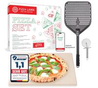 Pizza Lover Premium Pizza Stone Set for Oven & Grill - 4-in-1 - Includes Perforated Pizza Peel (Hard Anodized) + Pizza Stone up to 800°C Made of Cordierite + Pizza Cutter & Recipe Book