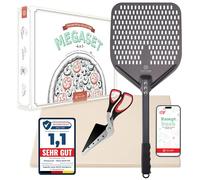 Pizza Lover Premium Pizza Stone Set for Oven & Grill - 4-in-1 - Includes Perforated Pizza Peel + Pizza Stone up to 800°C Made of Cordierite + Pizza Cutter & Recipe Book (Set with Scissors)