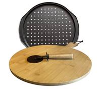 Pizza Oven Accessories: Board, Cutter Wheel & Tray for Crispy Crust. Serving Boards, Black Steel Wheel & Oven Trays