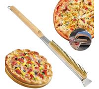 Pizza Oven Brush with Scraper, 21-inch Wood Handle Cleaning Brush for Pizza Stone & BBQ Grill, Durable Brass Bristles & Stainless Steel Scraper, Outdoor Kitchen Accessories