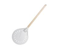 Pizza Paddle Turning Small Pizza Peel Paddle Short Round Tool Non Slip Wooden Handle Perforated Shovel Aluminum(25x77.5cm)