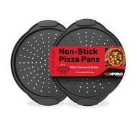 Pizza Pan Set of 2 Non-Stick Pizza Pan with Silicone Handle, 13 Inch Round Carbon Steel Tray with Perforated Holes, Dishwasher and Oven Safe up to 450 F, PFOAPFOSPTFE Free