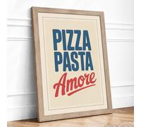 Pizza Pasta Amore Vintage Framed Wall Art Print A4 (29.7×21cm) Oak, Wall Decor for Living Room, Bedroom, Office & Home, Ready to Hang, Art Gift