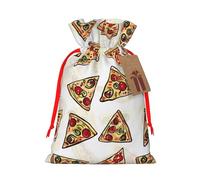 Pizza Pattern Printed Christmas Drawstring Bags for Christmas Party Xmas Gift Wrapping, Red Ribbon, M