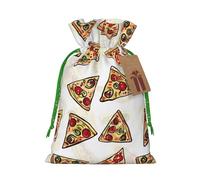 Pizza Pattern Printed Christmas Drawstring Bags for Party Xmas Gift Wrapping, Green Christmas Ribbon, M