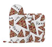 Pizza Pattern Printed Oven Mitts and Pot Holders Sets of 2 Washable Heat Resistant Oven Gloves Non-Slip Cooking Gloves for Kitchen Cooking Baking BBQ