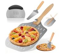 Pizza Peel 12 Inch Perforated, 4PCS Pizza Peel Set Oven Accessories | Folding Wooden Short Handle 12" Pizza Paddle with Small Spatula & Turner, Pizza Rocker, Dough Scraper for Making Pizza Bread