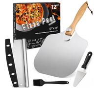 Pizza Peel Oven Making Accessories, 12 Inch Pizzas Turning Paddle with Foldable Wooden Handle Shovel, Pizza Cutter Rocker Stainless Steel Spade Tools 4 Piece Set