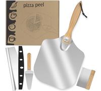 Pizza Peel Oven Making Accessories 4-Piece, 12 inch Metal Pizza Paddle with Foldable Wood Handle, Pizza Cutter Rocker, Pizza Server & Dough Scraper, for Family Oven Baking Pizza, Bread & Pastry
