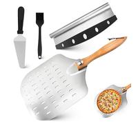 Pizza Peel Set of 4, Pizza Paddle Aluminium 12 Inch | Folding Wooden Perforated Pizza Paddle Oven Accessories with Rocker, Small Spatula & Basting Brush for Artisan Bread