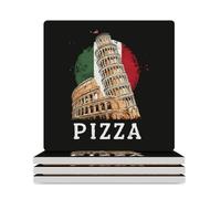 Pizza Pisa Tower Italy Flag Square Ceramic Coaster Set with Non-Slip Cork Base Drink Coasters Tabletop Protection for Home Kitchen Bar