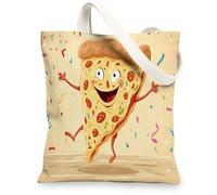 Pizza Slice Canvas Tote Bags, Fun Cartoon Food Pattern Reusable Grocery Bags, Lightweight Washable Shoulder Strap Canvas Ba, Beige, 13x15 Inch