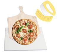 Pizza Stone 15 x 12'' Rectangular Pizza Stone with Wooden Peel and Pizza Cutter for Oven Baking & BBQ