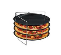 Relaxdays Pizza Tray, Set of 4, with Rack, Non-Stick Baking Sheet, Round Pans in Stand, Carbon Steel, Anthracite/Silver