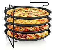 Pizza Tray Set with Rack 4 Pack, 11" Non-Stick Perforated Baking Pan | Stackable, Foldable Rack, Oven & Grill Safe, Dishwasher Safe, for Pizza, Bread, Cookies