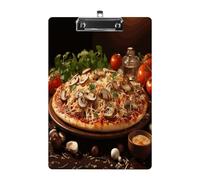 Pizza with Mushrooms and Tomatoes on Top Clipboard Sturdy Low Profile Clip Clipboards Hanging Hole with Hanging Clipboard Acrylic Clip Board Holds 100 Sheets12.5x8.5In