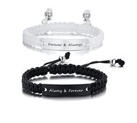 PJ JEWELLERY Always & Forever Engraved Black and White Couple Bracelet Handwoven Rope Braided Macrame Adjust Bracelet Slide Knot Lover Bracelet Gift for him her