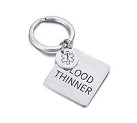 PJ JEWELLERY BLOOD THINNER Engraved Stainless Steel Brushed Finish Square Shaped Medical Alert Keychain Medical Identification Keychain for Men Women
