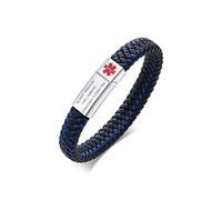 PJ JEWELLERY Custom Engraving Braided Genuine Leather Medical ID Wristband Mens Medical Alert Leather Bracelet with Stainless Steel Magnetic Clasp