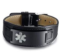 PJ JEWELLERY Custom Free Engraving Black Wide Stainless Steel&Leather Adjustable Medical Alert ID Bracelets Wristband for Men Father