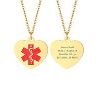 PJ JEWELLERY Medical Alert Necklace For Women Personalised Stainless Steel Heart Shape ID Pendant Customised Emergency Women's Girl's With Chain 23.6 inch,Gold Plated
