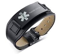 PJ JEWELLERY Penicillin Allergy Black Wide Stainless Steel&Leather Adjustable Medical Alert ID Bracelets Wristband for Men Father