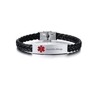 PJ JEWELLERY Penicillin Allergy - Silver Stainless Steel Braided Leather Medical Alert Bracelet Customise Diabetic ID Bracelet for Men's,SOS Emergency Life Awareness Bracelet,Adjustable