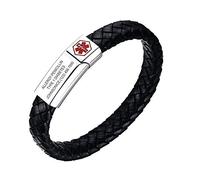 PJ JEWELLERY Personalised Engraving Genuine Braided Leather with Stainless Steel Medical Alert Magnetic Clasp ID Bracelets for Men Medical ID Wristband