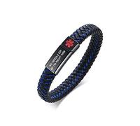 PJ JEWELLERY Personalised Engraving Genuine Braided Leather with Stainless Steel Medical Alert Magnetic Clasp ID Bracelets for Men Medical ID Wristband
