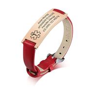PJ JEWELLERY Personalised Medical Alert Bracelet for Women,Customised Genuine Leather Strap Stainless Steel Medic ID Wristband Medical Identification Emergency SOS Bracelet Adjustable, Rose Gold/Red