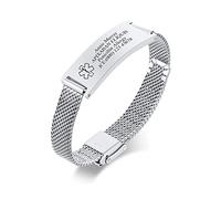 PJ JEWELLERY Personalised Medical Alert Bracelet for Women - Customised Silver Stainless Steel Mesh Wire Belt Buckle Watchband Medical Identification Emergency SOS Bracelet Adjustable
