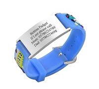 PJ JEWELLERY Personalised Safety ID Wristbands for Kids - Customised Silver Tag & Blue Cartoon Silicone Strap Wristband For Kid Girls Boys Toddler,Free Engraving Child Anti-Lost Safety ID Bracelets