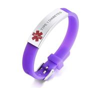 PJ JEWELLERY TYPE 1 DIABETES Engraved Silicone Comfort Sport Wristband Emergency Medical Alert ID Bracelet For Men Women Kid, Purple