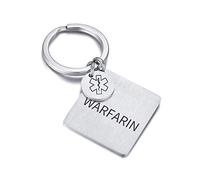 PJ JEWELLERY WARFARIN Engraved Stainless Steel Brushed Finish Square Shaped Medical Alert Keychain Medical Identification Keychain for Men Women
