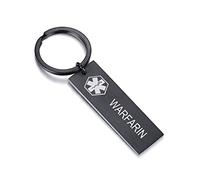 PJ JEWELLERY WARFARIN Stainless Steel Black Bar Tag Medical Alert ID Keychain Awareness Engraved Brushed Finish Medical Key Ring for Men Women