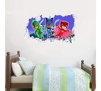 PJ Masks 3 Characters Broken Wall Sticker Owlette Cat Boy Gekko Decal Art Kids (180cm Width x 90cm Height)